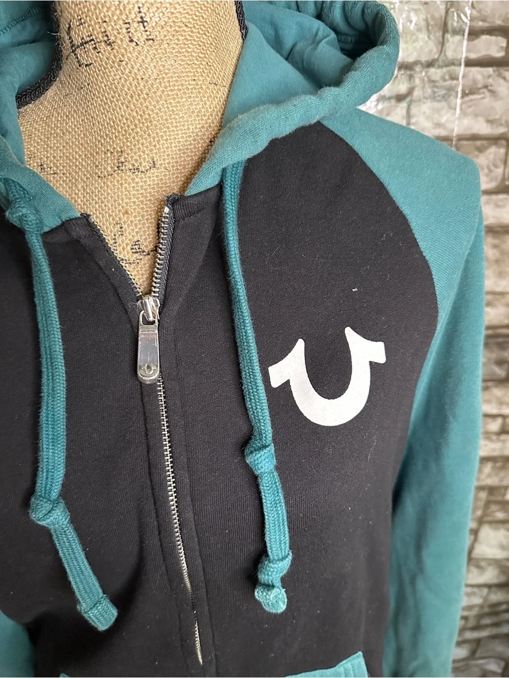True Religion Teal and Black Zip-Up Hoodie